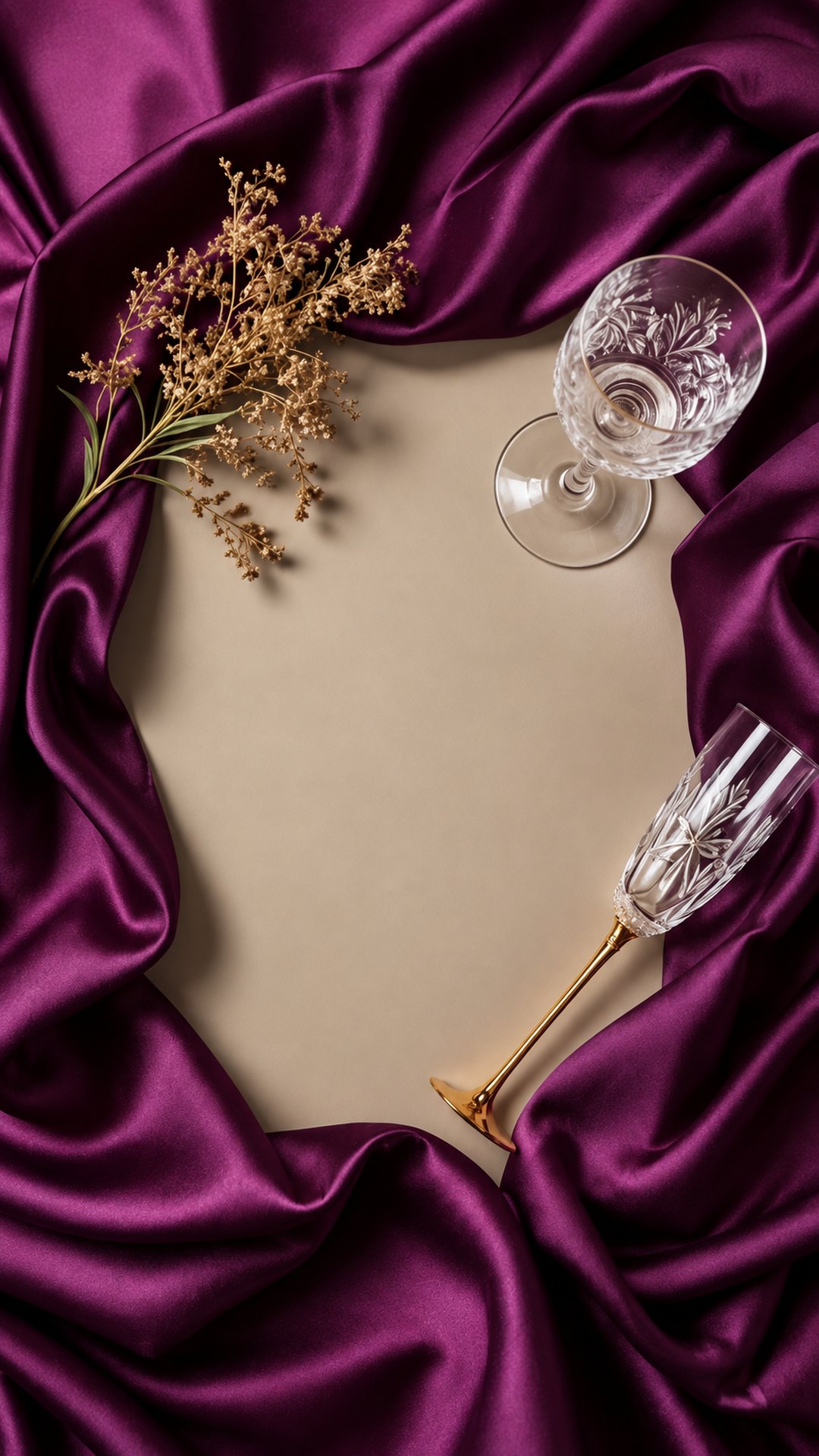 Tamsiai violetinis šilkas, krištolinės taurės ir džiovintų žiedų šakelė