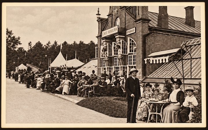 Atvirukas Nr. 17 — Café Riviera terasa su svečiais prie staliukų, sepija