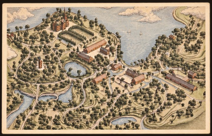 Atvirukas Nr. 8 — piešto Lentvario dvaro valdų žemėlapis iš paukščio skrydžio