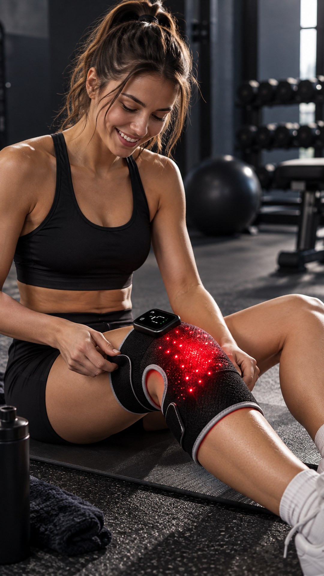 Moteris sporto salėje ant kilimėlio užsideda įjungtą LED kelio įtvarą „Biomind“