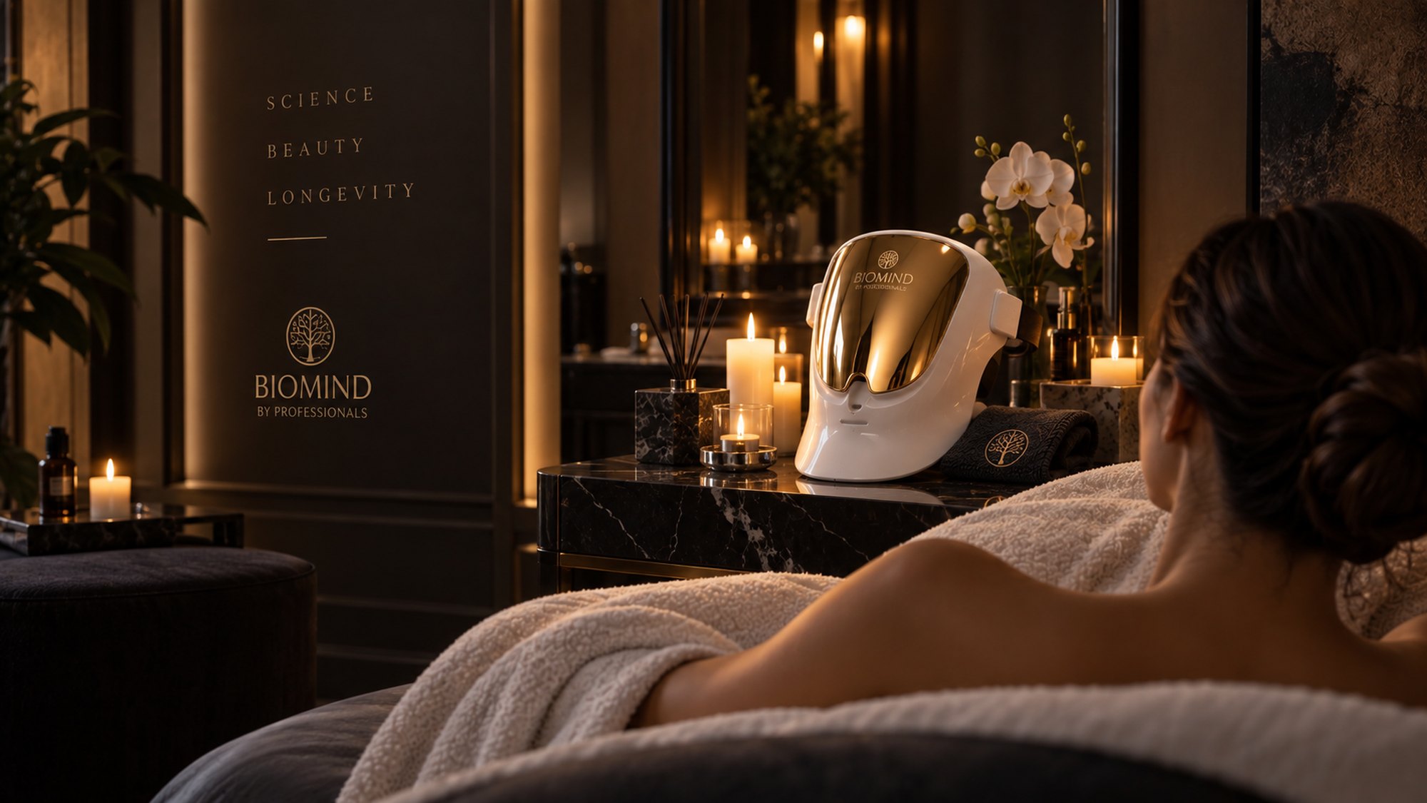Spa kambarys žvakių šviesoje: moteris ant procedūrų gulto, ant marmurinio stalelio LED kaukė „Biomind PRO“, orchidėjos, sienoje „Science · Beauty · Longevity“