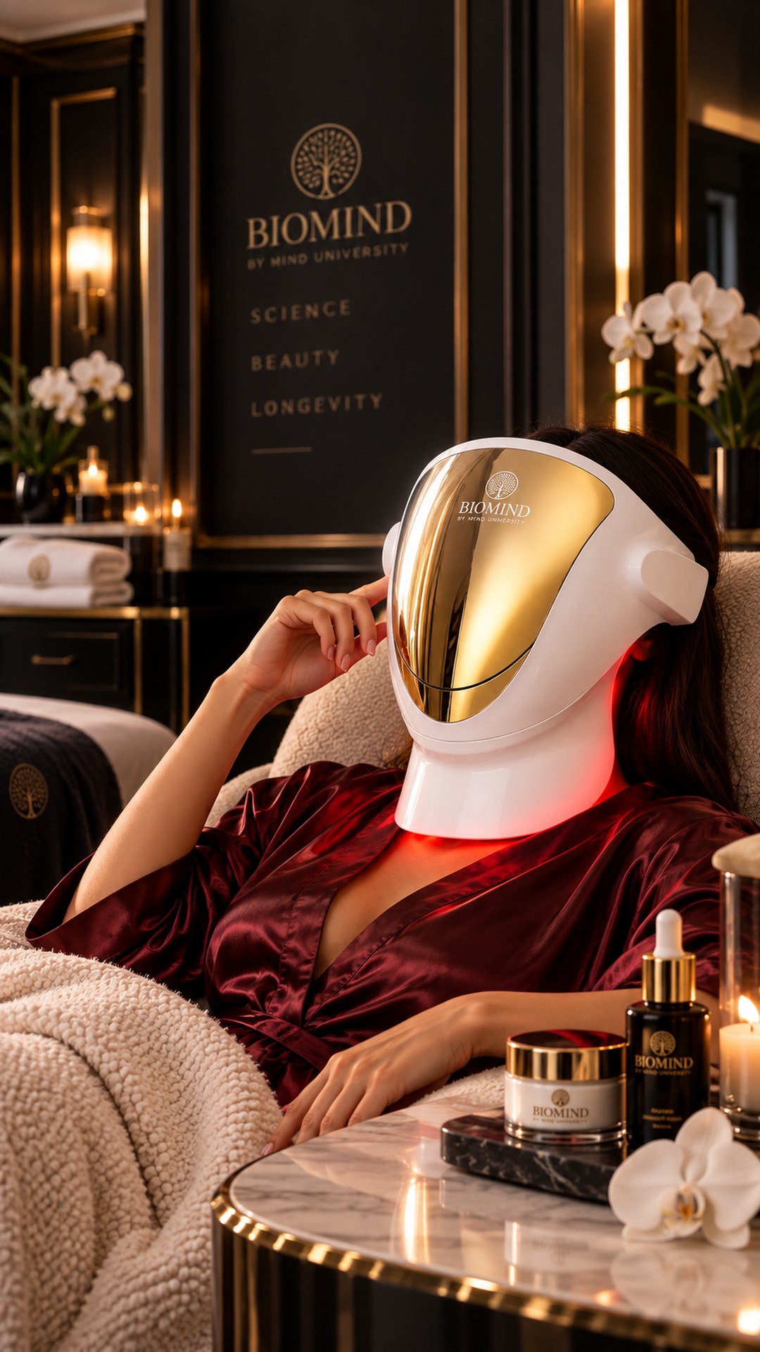 Moteris vyno chalatu atsilošusi spa fotelyje su LED kauke „Biomind PRO“ — kaklo dalis švyti raudonai, šalia Biomind serumas ir kremas