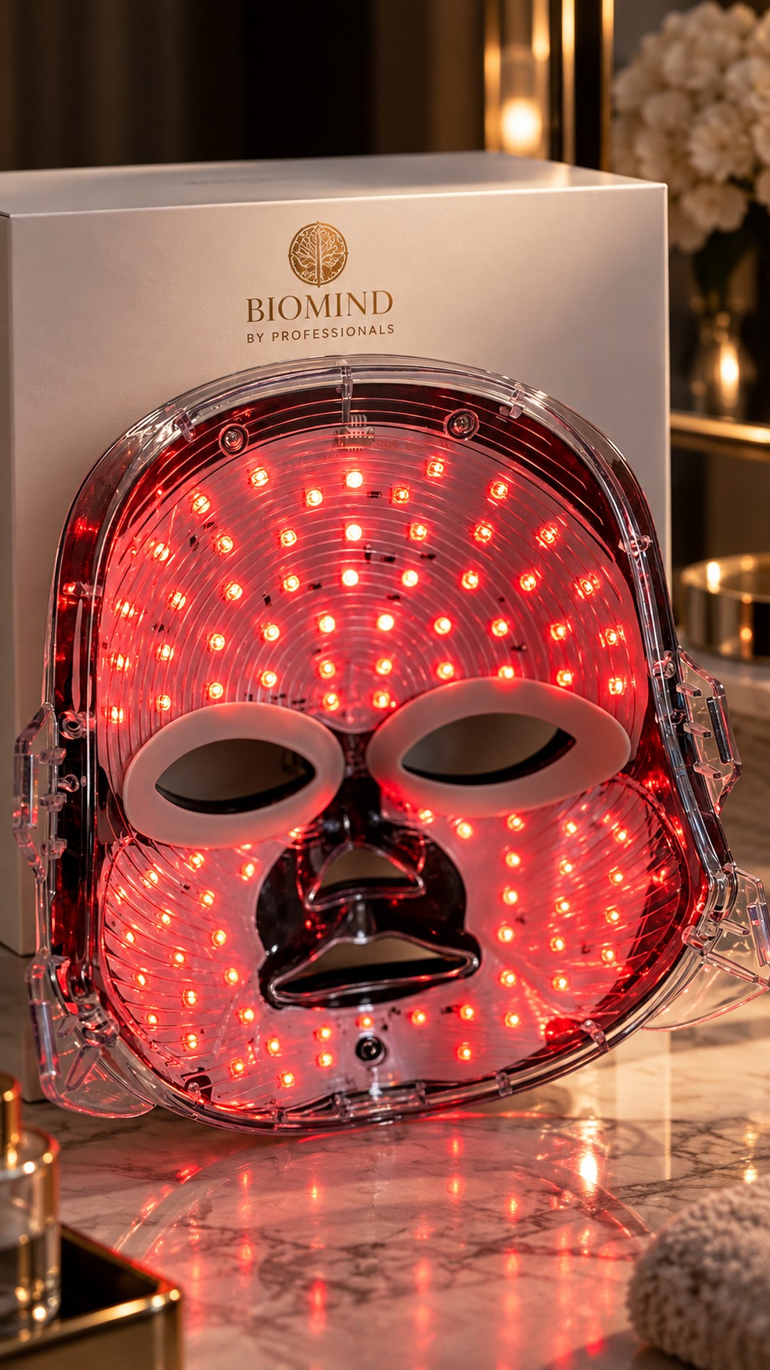 LED kaukė „Biomind“ su įjungtu raudonos šviesos režimu prieš baltą dėžutę ant marmurinio stalelio