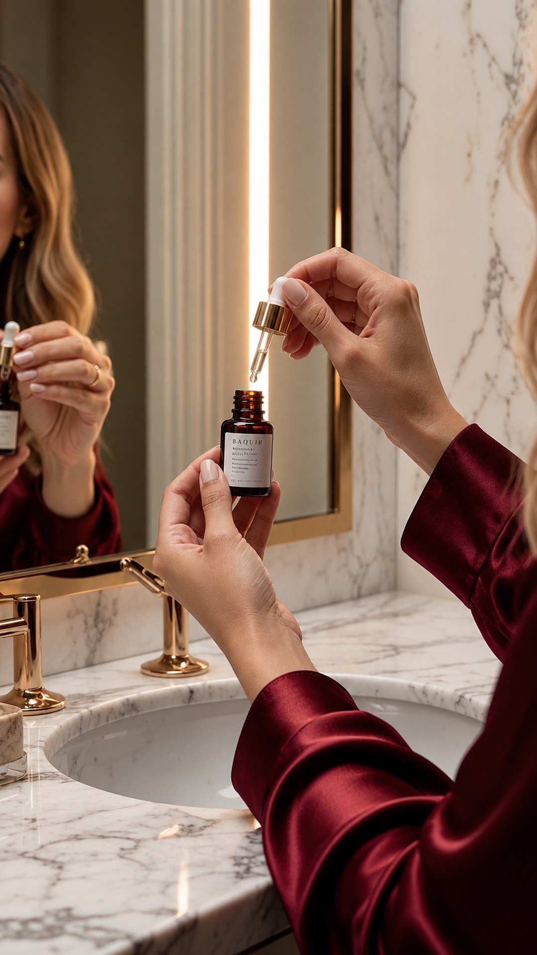 Moteris vyno spalvos šilko chalatu prie marmurinio praustuvo laiko serumo buteliuką su pipete, veidrodis ir auksiniai čiaupai