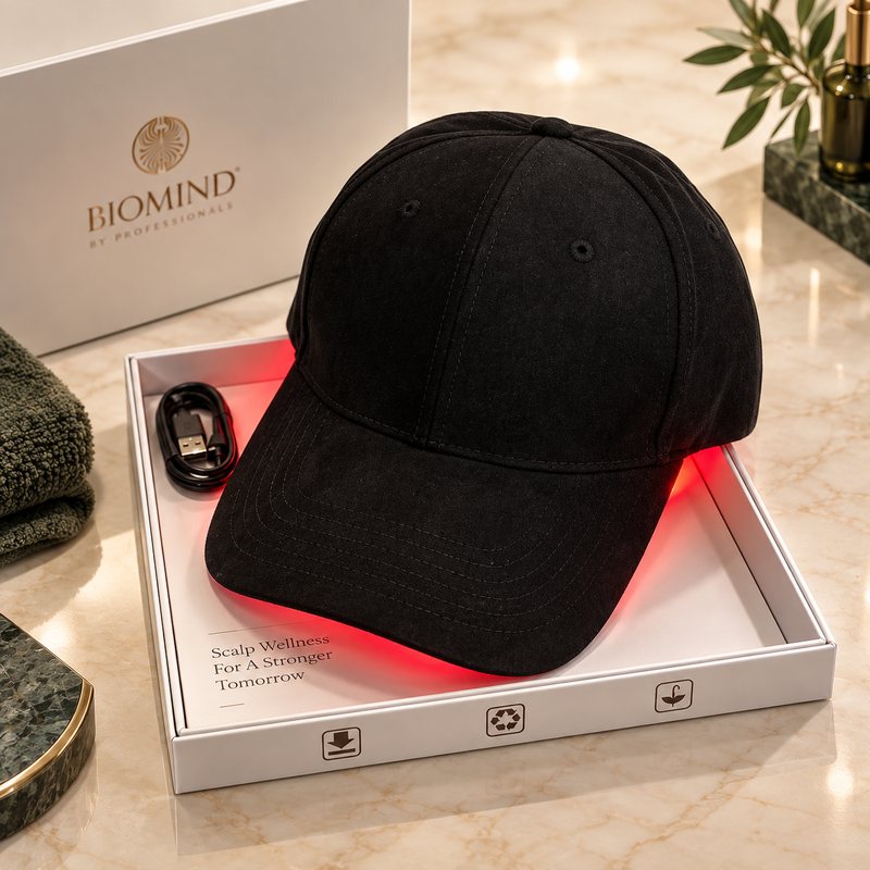 Juoda LED kepurė „Biomind“ dėžutėje su USB laidu ant marmuro, pro kraštą sklinda raudona šviesa