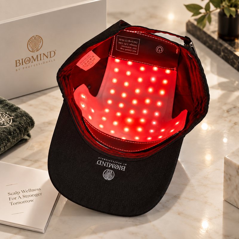 Apversta LED kepurė „Biomind“ su įjungtu raudonų diodų įdėklu, šalia dėžutė ir rankšluostis