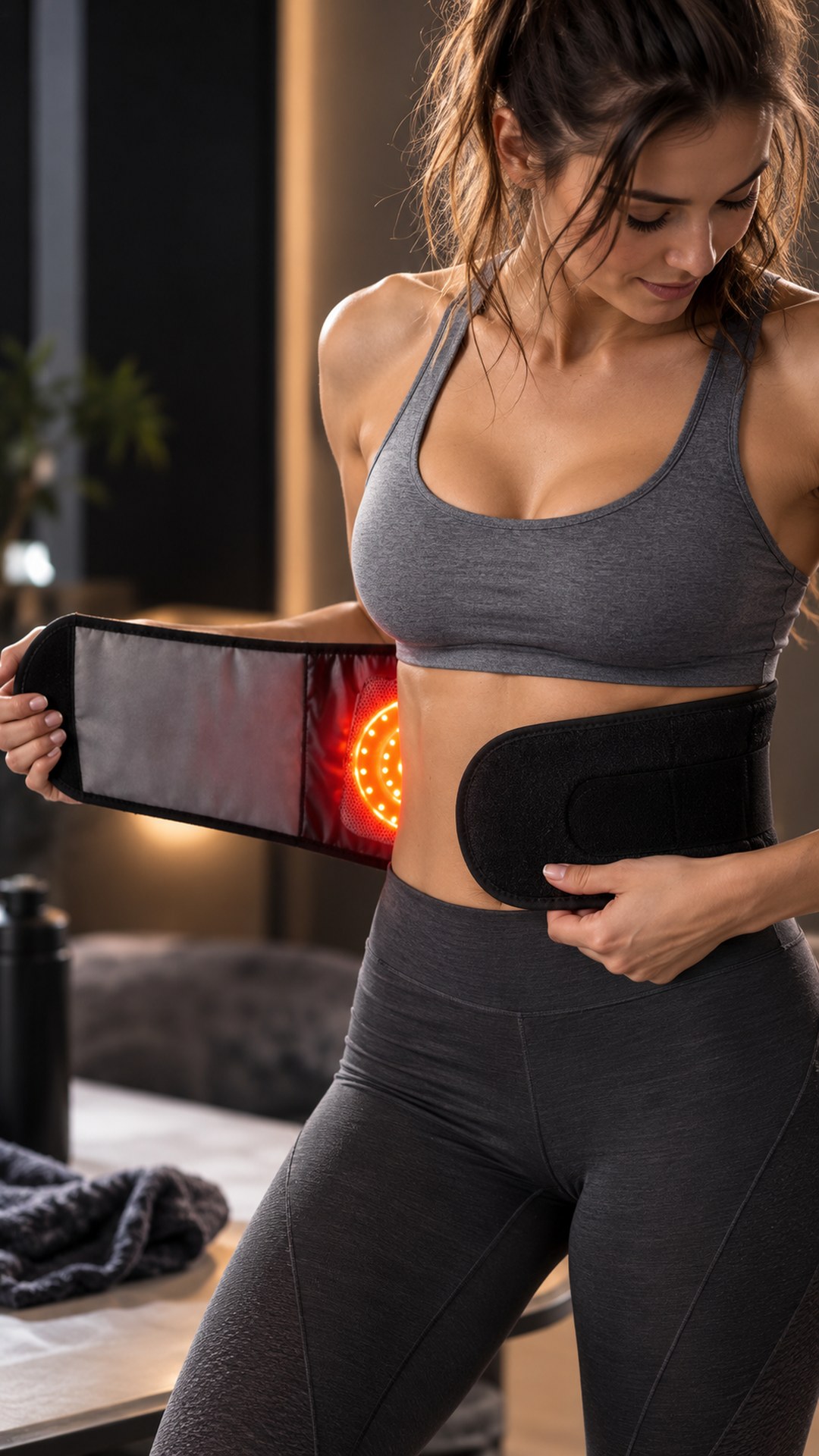 Moteris sportine apranga juosiasi įjungtą LED nugaros įtvarą „Biomind“ — matosi vidinė pusė su raudonais diodais