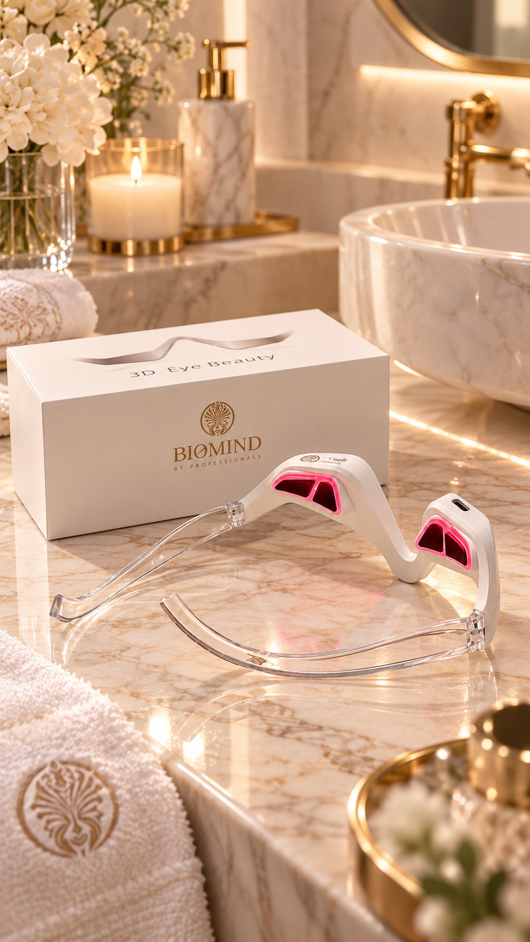 Paakių masažuoklis su įjungtais raudonais lopinėliais prieš baltą Biomind „3D Eye Beauty“ dėžutę ant marmurinio vonios stalelio, žvakė ir gėlės