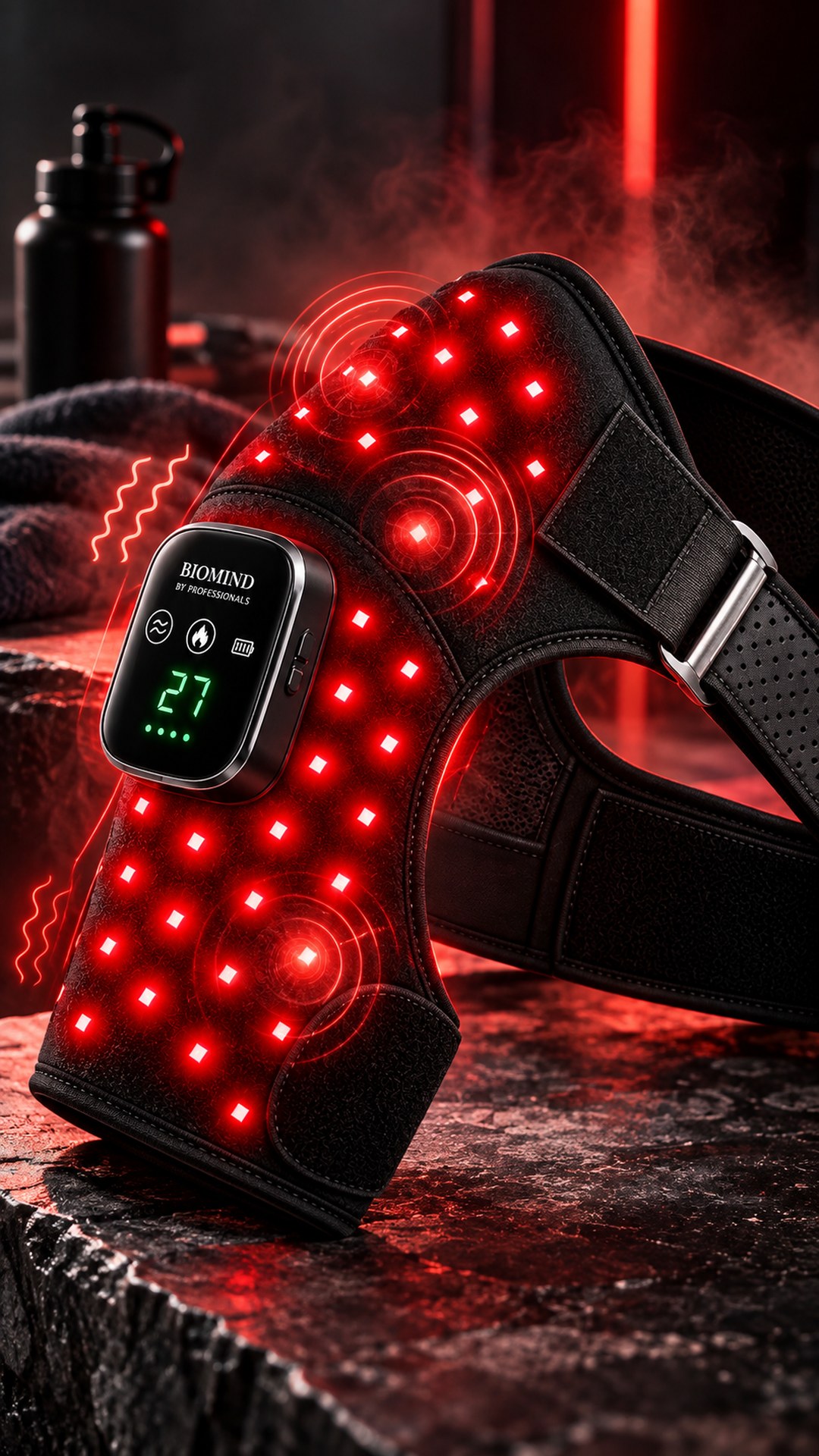LED peties įtvaras „Biomind“ su įjungtais raudonais diodais ir valdymo ekranėliu „27“ ant tamsaus akmens, fone raudonas apšvietimas