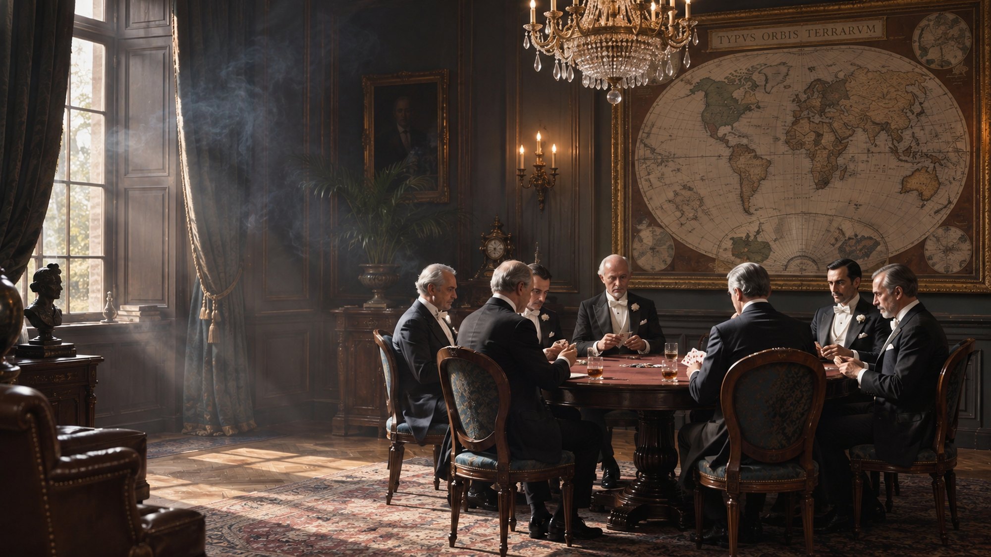 Diplomatų salonas: ponai frakais lošia kortomis prie apvalaus stalo po senu pasaulio žemėlapiu „Typus Orbis Terrarum“, sietynas, cigaro dūmai