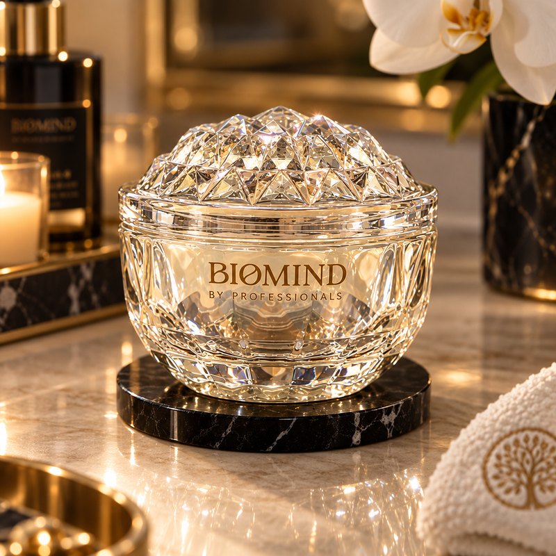 Krištolinis „Biomind“ indas ant juodo marmurinio pado, žvakė ir orchidėja