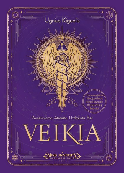 Knygos „Veikia“ viršelis: auksinė sparnuota figūra violetiniame fone
