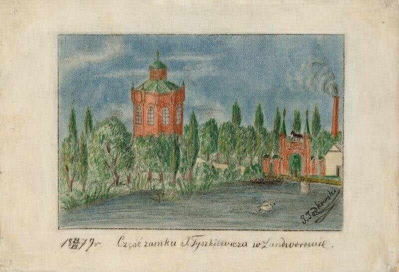 Lentvario dvaras 1879 metų piešinyje Spalvotas 1879 m. piešinys su bokštuotu raudonų plytų rūmų korpusu, tvenkiniu, gulbe ir fabriko kaminu