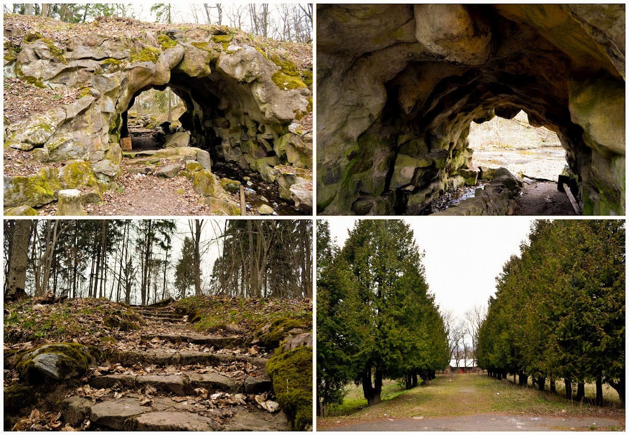Keturios nuotraukos: akmeninis grotos arkos tunelis, vidus, samanoti laiptai miške ir tujų alėja
