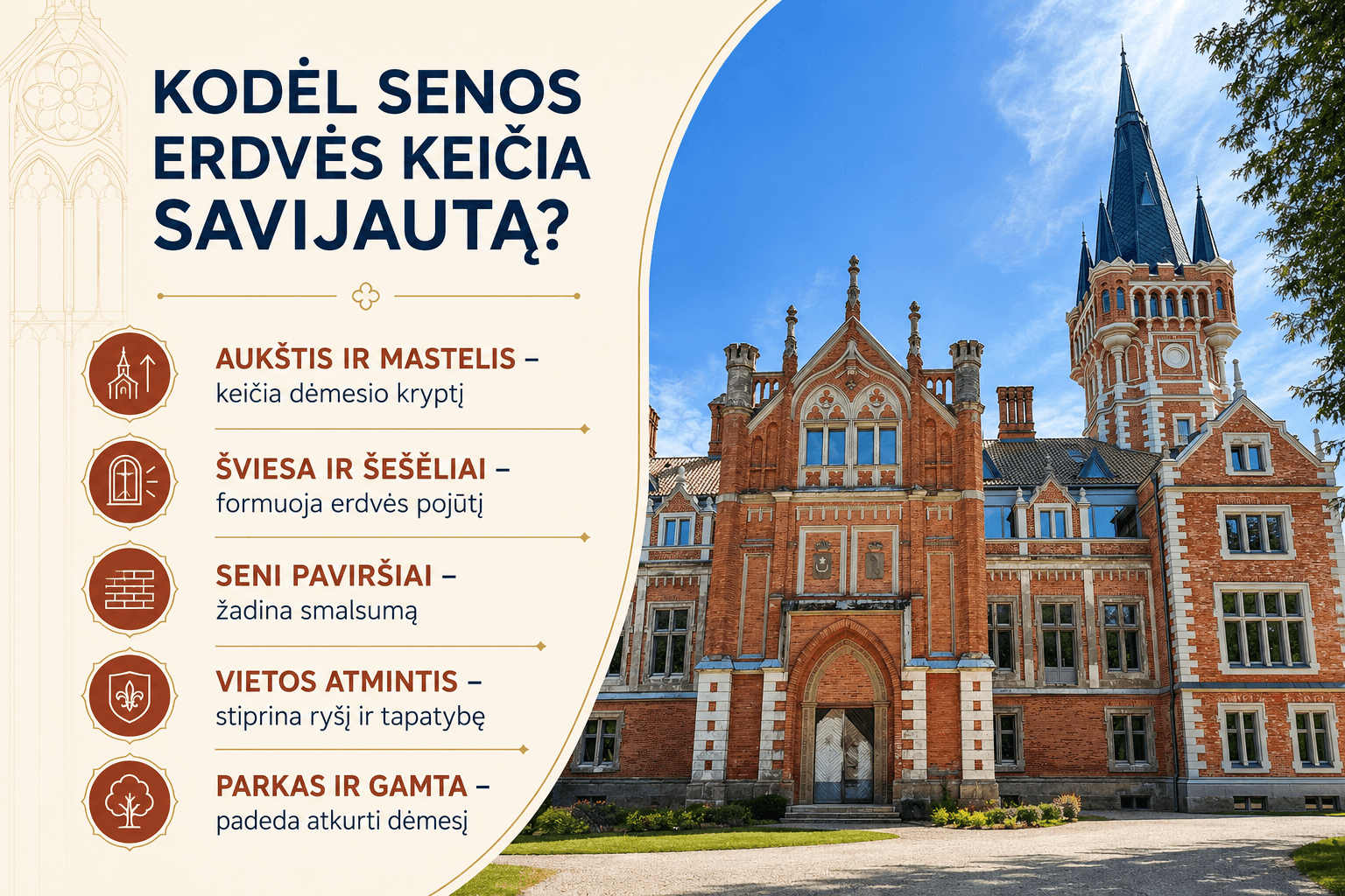 Infografikas su raudonų plytų neogotikiniais rūmais ir penkiais veiksniais: aukštis, šviesa, paviršiai, atmintis, parkas