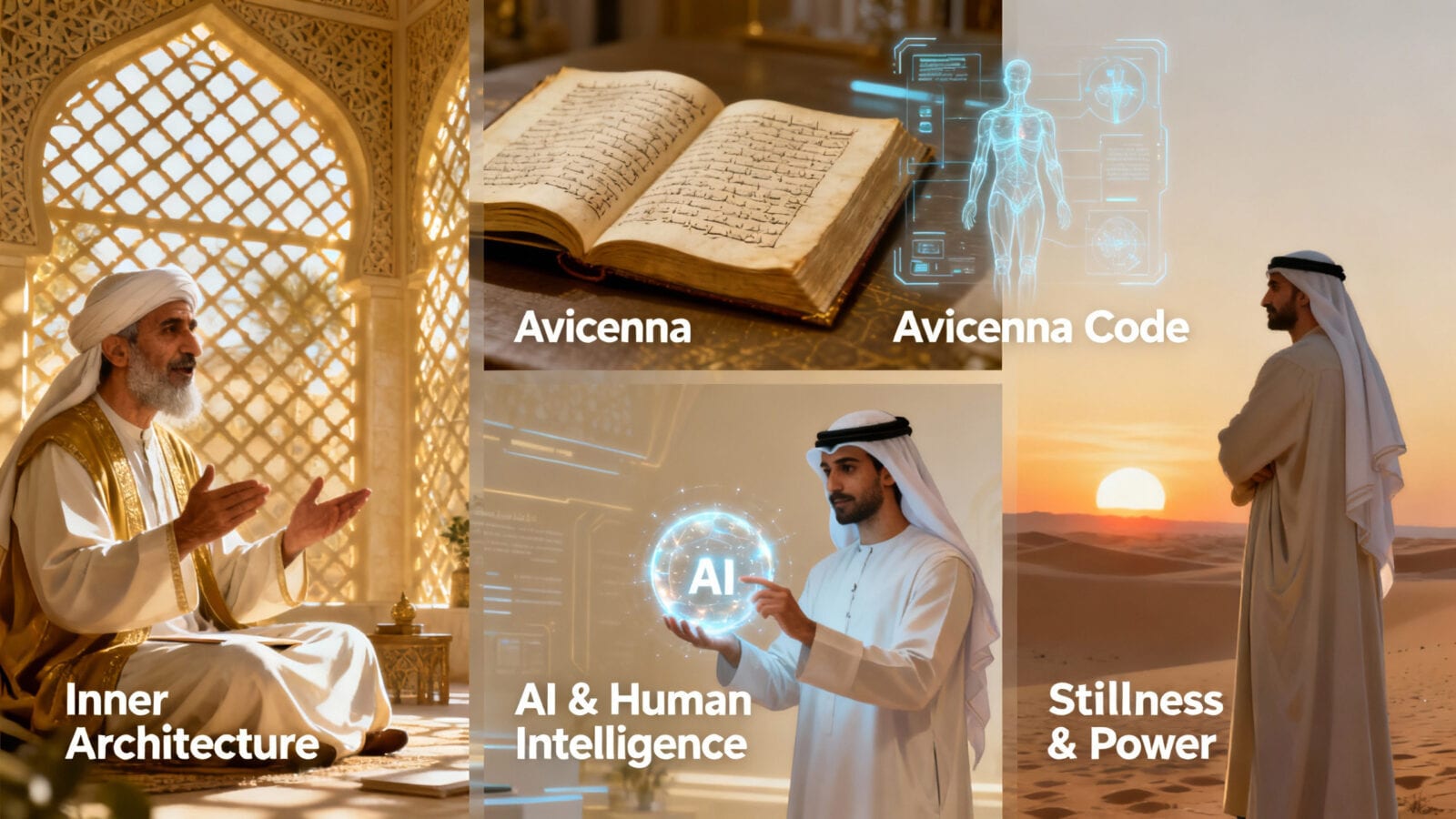 Sąmoningo ugdymo tiltas: išmintis ir technologijos Koliažas: vyresnis mokytojas arabiškoje salėje, senovinis rankraštis, vyras su AI hologramu, figūra dykumoje saulėlydžio metu