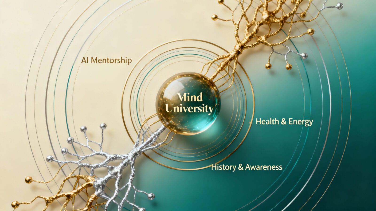 Mind University mokymosi ekosistema Auksinė sfera su užrašu Mind University, apie ją koncentriniai apskritimai ir neuronų tinklai